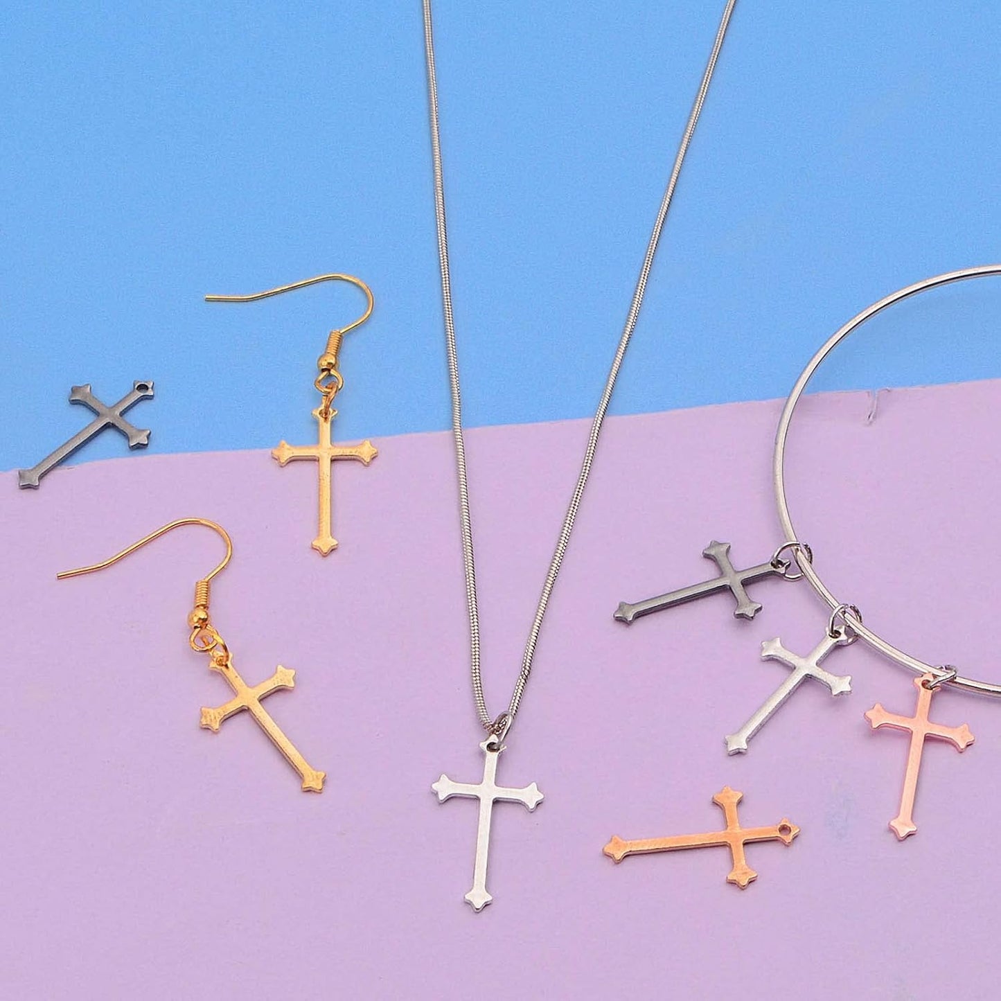 105pcs 7 Colors Small Cross Pendant Charms Alloy Religious Crucifix Cross Dangle Pendants for DIY Necklace Keychains Jewelry Making Handmade Gifts, 23 x 14 mm