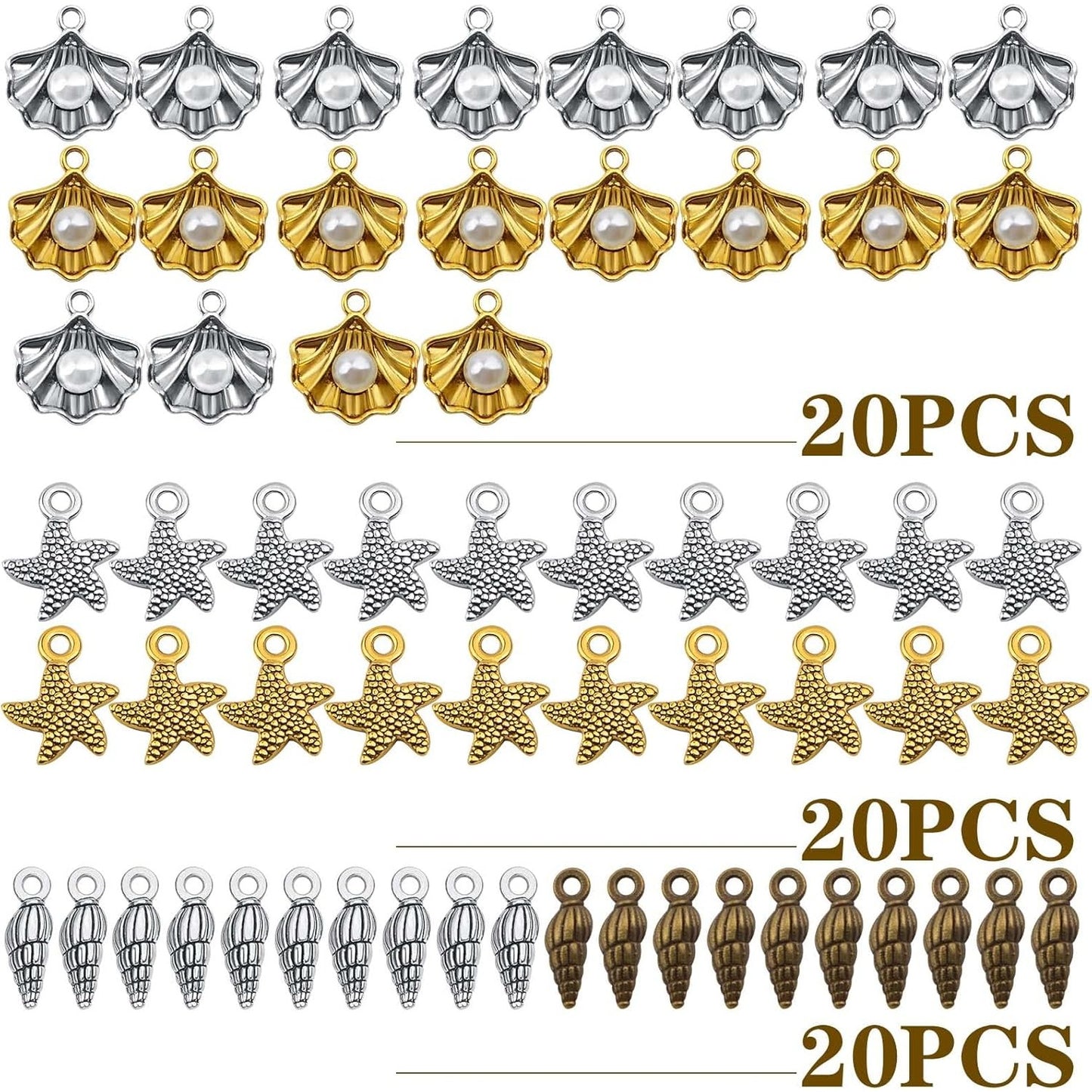 60pcs 3 Styles Antique Alloy Mixed Ocean Life Charms Sea Animal Starfish Seashell Conch Pendants Charms Craft Supplies for DIY Jewelry Making Birthday Party Gifts, 3 Colors