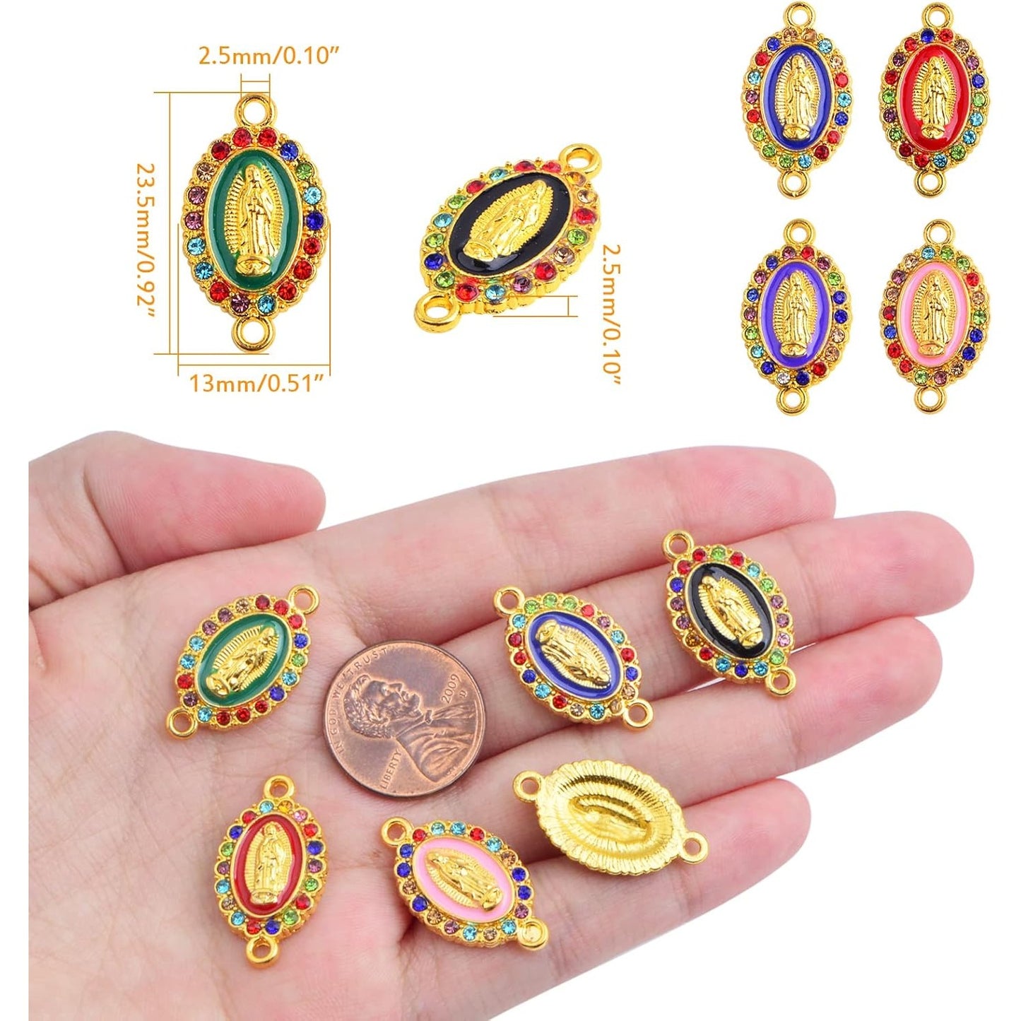 24pcs 6 Colors Enamel Virgin Mary Charms Links Alloy Inlay Rhinestones Our Lady Miraculous Medal Connector Pendants for DIY Necklace Bracelet Earrings Jewelry Making