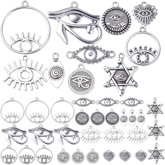 60pcs Antique Silver Eye of Horus Charms Tibetan Alloy Vintage Dangle Pendants Jewelry Making Accessories for DIY Earrings Necklace Bracelet Crafts Supplies, 10 Styles