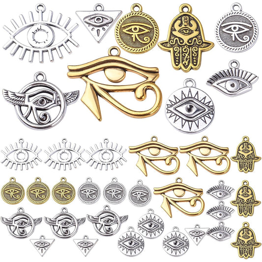 45pcs 9 Styles Eye of Horus Charms Tibetan Alloy Vintage Pendants Craft Supplies for DIY Necklace Bracelet Jewelry Making Handmade Decoration, Antique Silver, Antique Gold