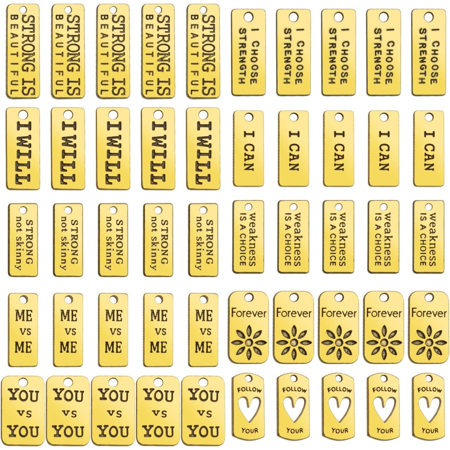 Word Pendants Charms,50pcs Inspiration Words Charms Golden Lettering Pendants Engraved Message Charm Craft Supplies for Jewellery Making DIY Necklace Bracelet Earrings,10 Styles