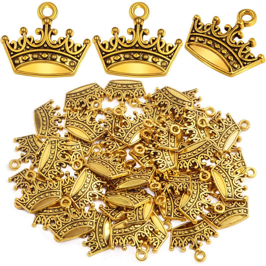 50 Pieces Antique Golden Mini Tiara Crown Charms Tibetan Alloy Vintage Crown-Shaped King Dangle Pendants for DIY Necklace Earrings Jewelry Making Supplies Decor