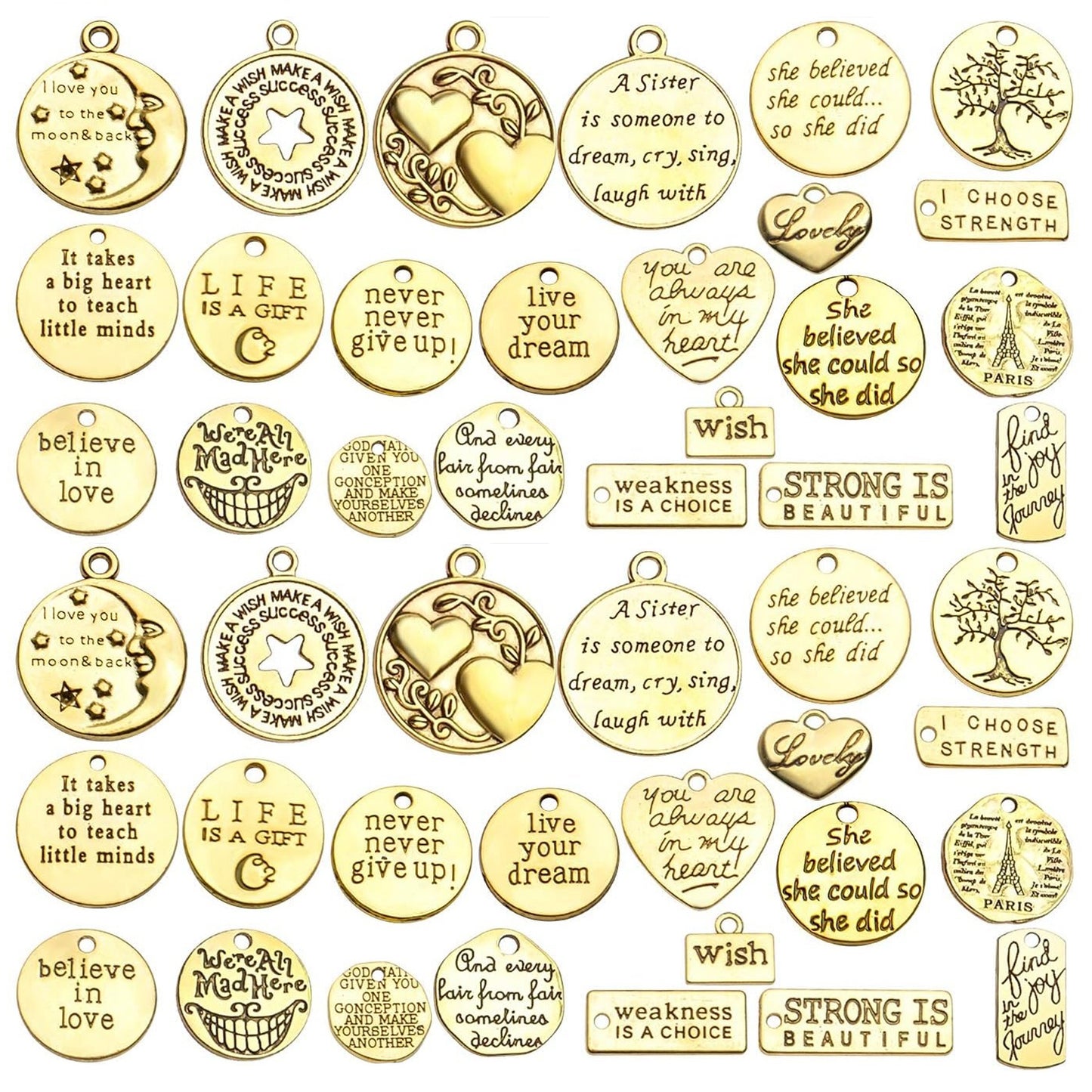 Words Pendant Charms, 46pcs Inspirational Words Charms Alloy Message Bead Pendants Accessory for DIY Necklace Bracelet Jewelry Making Crafting, Antique Golden and Silver