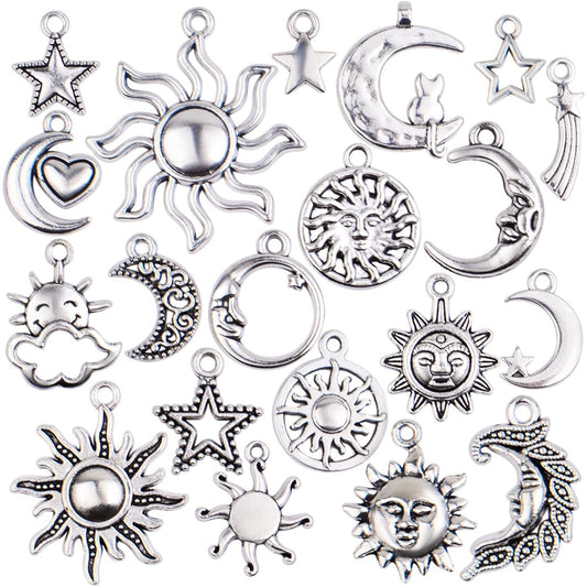 80pcs Antique Silver Sun Moon Stars Charms Alloy Vintage Celestial Dangle Pendants Jewelry Charm Accessory for DIY Necklace Bracelet Craft Supplies, 20 Styles