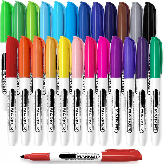 Aylifu 24 Colors Permanent Markers - Assorted Vibrant Colors, Quick Drying, Fade Resistant, Alcohol-Based Fine Point Permanent Markers for Paper, Plastic, Wood, Coloring, Drawing Doodling, Waterproof