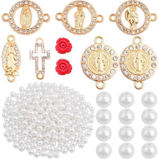 10pcs Golden Religious Cross Charms Connectors, 10pcs Virgin Mary Pendant Links, 20pcs Cinnabar Carved Red Rose Beads and 300pcs White Pearls for DIY Rosary Necklace Jewelry Making Supplies