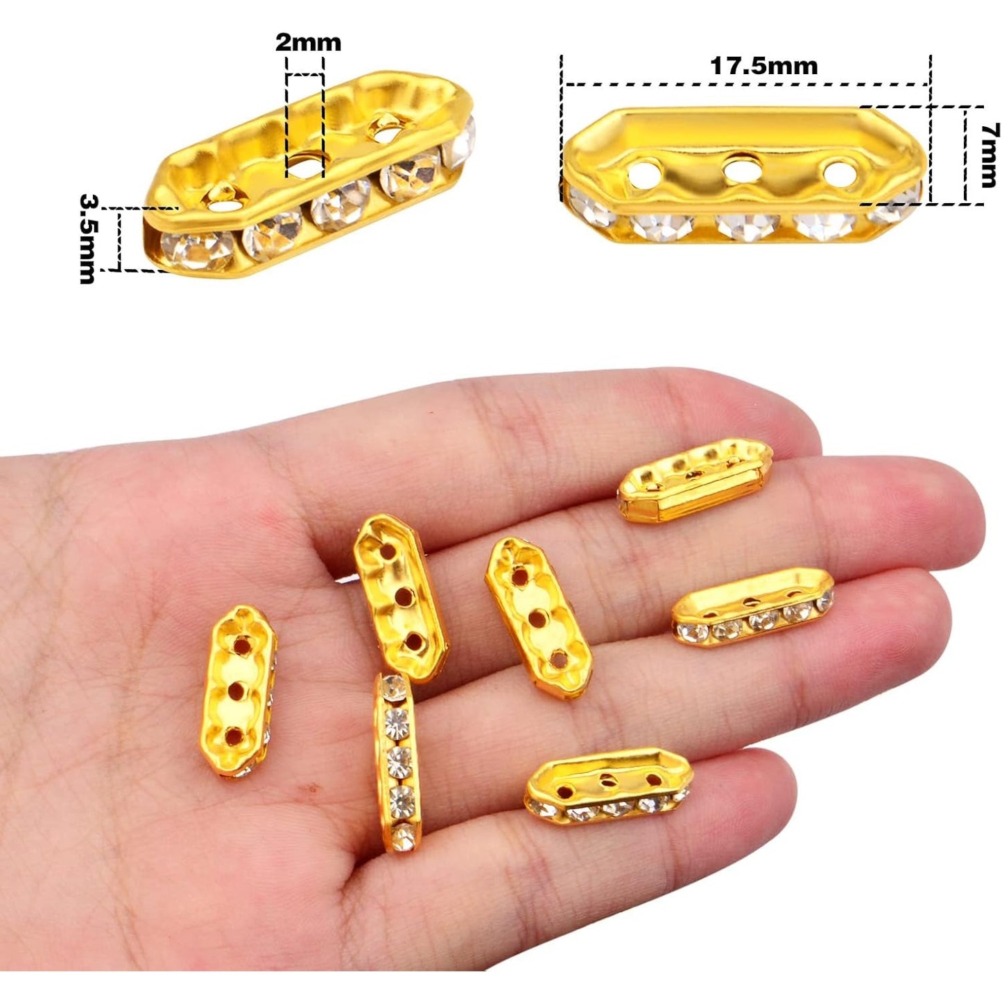 100pcs Rhinestone Spacer Bars Crystal Beads 3-Hole Alloy Spacers Bar Link Connectors for Multi Strand Bracelet Jewelry Making Accessory, Golde