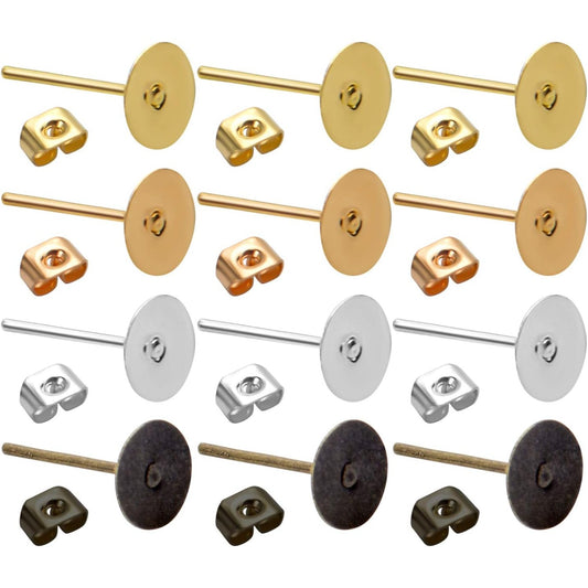Hypoallergenic Earring Findings,400pcs Stainless Steel Earrings Posts Flat Pad with 400pcs Butterfly Earring Backs for Earring Making,4 Colors