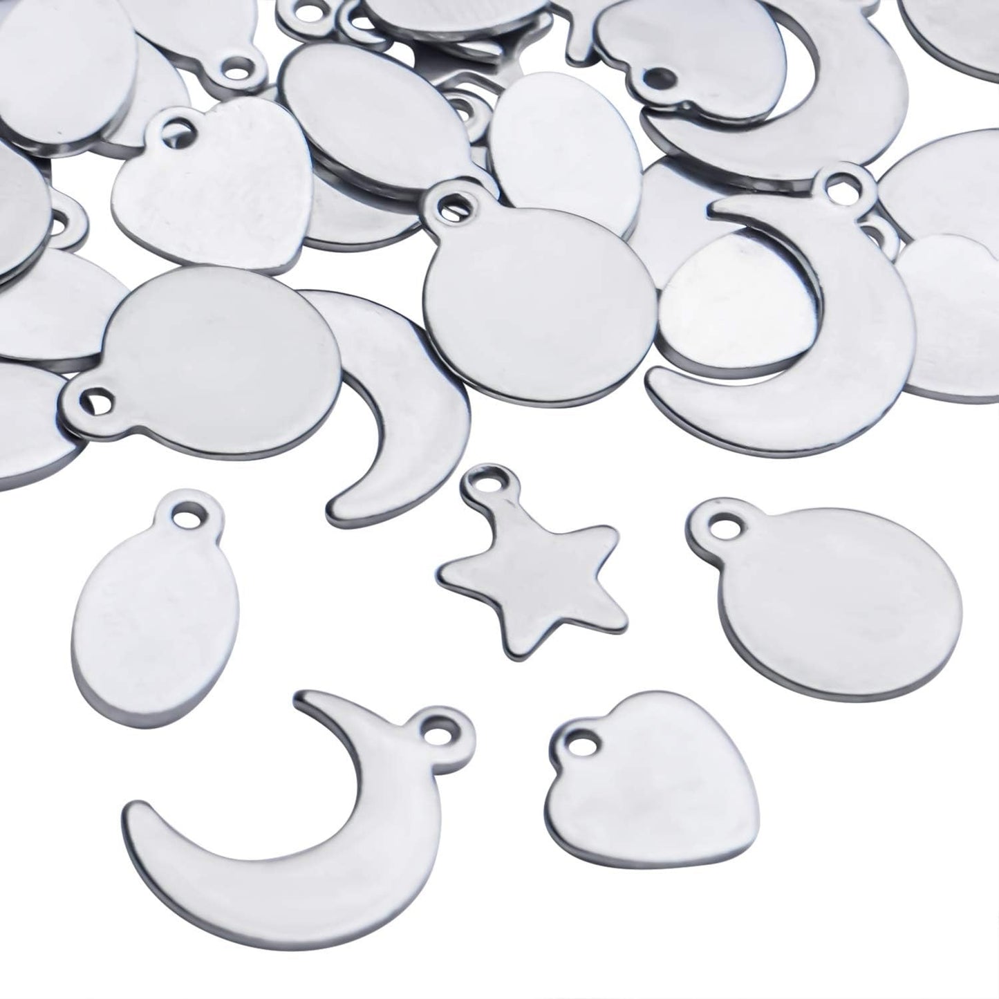 Tag Pendants, 50pcs Stainless Steel Tag Pendants Charms Blank Stamping Flat Mixed Shapes Metal Tag Pendants for Bracelet Necklace Earring DIY Jewelry Making