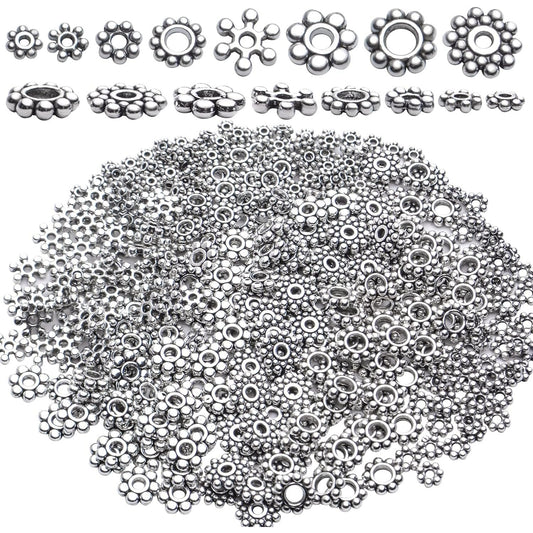 400pcs Tibetan Silver Snowflake Spacer Beads Assorted Daisy Spacer Beads Metal Spacers for DIY Jewelry Making, 8 Styles