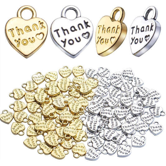 100pcs Antique Word Heart Charms, Thank You Heart Charm, Bulk Crafts Supplies for Jewelry DIY Necklace Bracelet Making, Antique Silver & Golden, 10x13mm