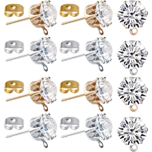60pcs Rhinestone Earring Posts Hypoallergenic Ear Studs with Loop and 60pcs Butterfly Earring Backs Earring Stoppers for DIY Earring Jewelry Findings Accessories