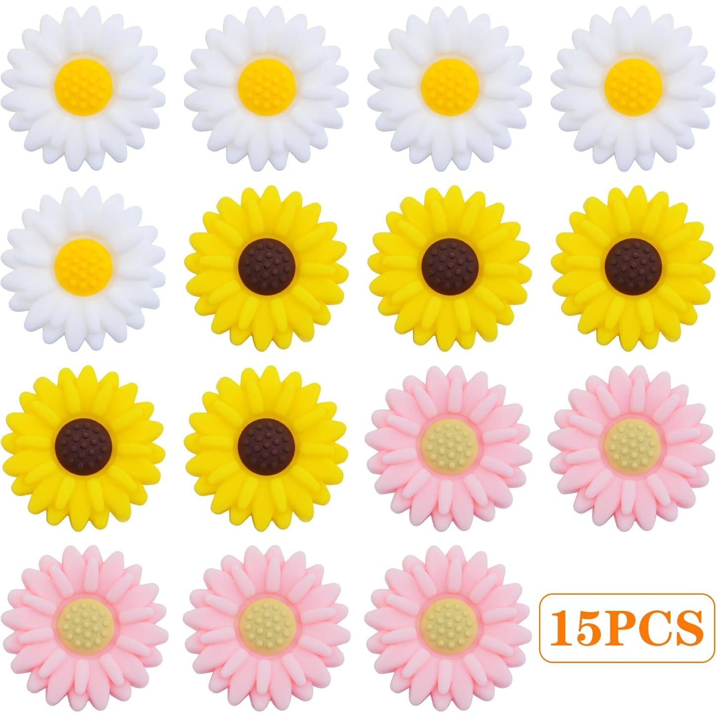 15pcs 20 mm Sunflower Silicone Daisy Flower Focal Flat Flower Shape Spacer Beads for DIY Keychains Lanyards Garlands Crafts Jewelry Making, 3 Colors