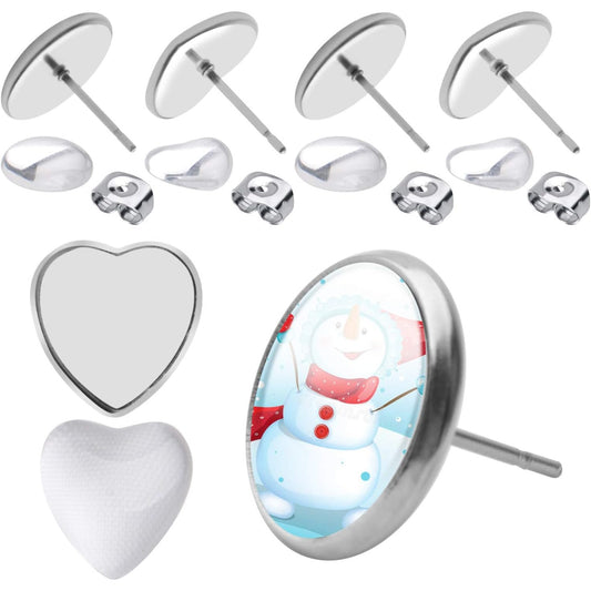 60pcs Stainless Steel Earring Bezels Stud Earring Cabochon Post Cups with 60pcs Clear Glass Cabochon and 60pcs Butterfly Earring Backs