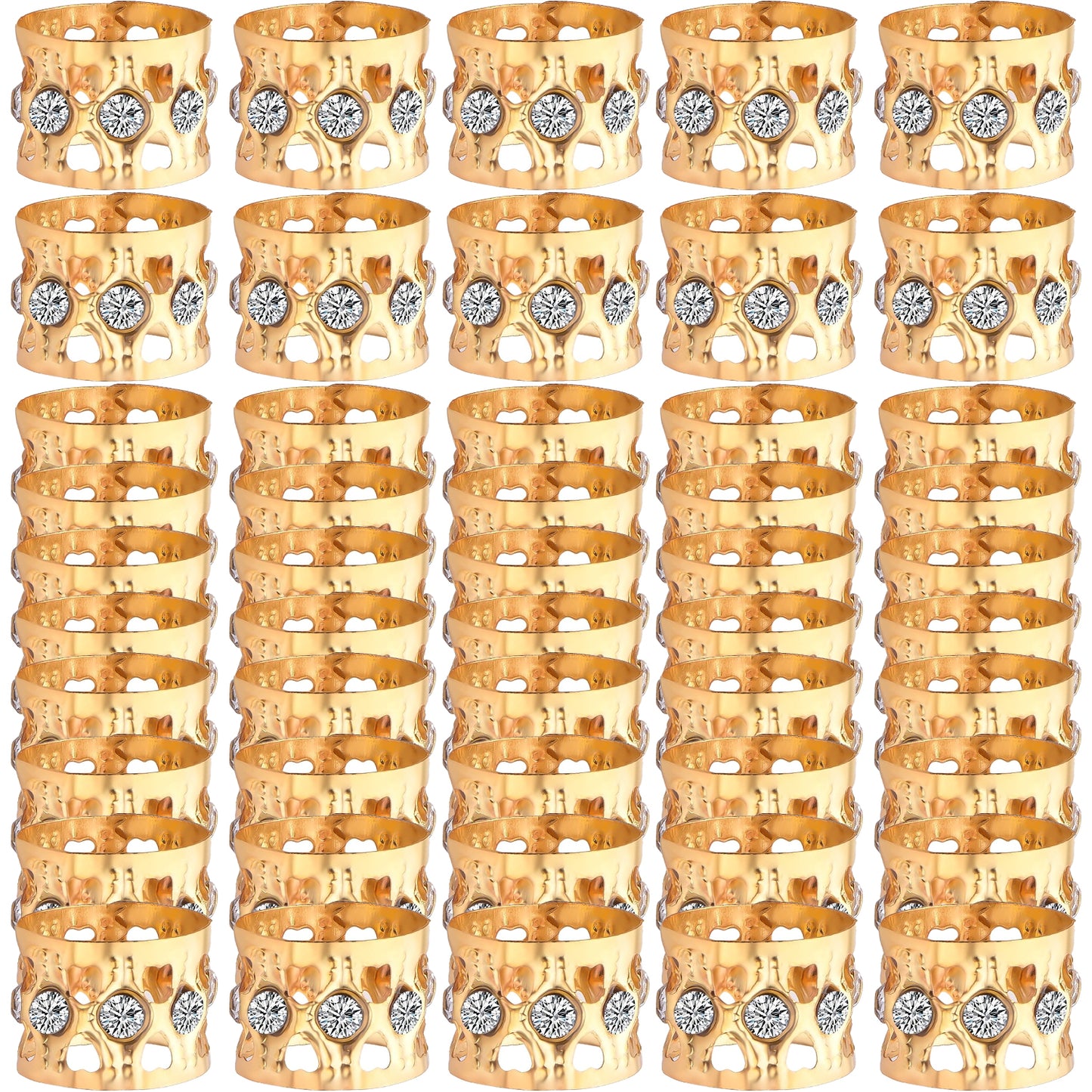 50pcs Rhinestone Dreadlocks Beads Alloy Hair Ring Decoration Braiding Hair Braid Cuff Clip Beard Hollow Heart Tube Beads Accessories for Women Men, Golden and Silver