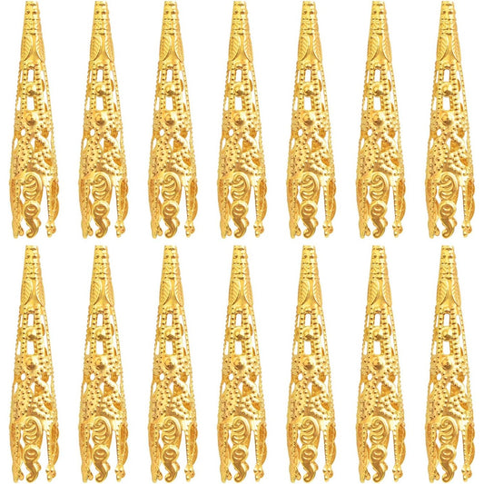 100pcs Golden Long Horn-shaped Flower Bead Caps Hollow Cone Bead End Caps Filigree Flower Spacers Hair Braid Beads for Women DIY Neckalce Earrings Hairpins Craft Projects