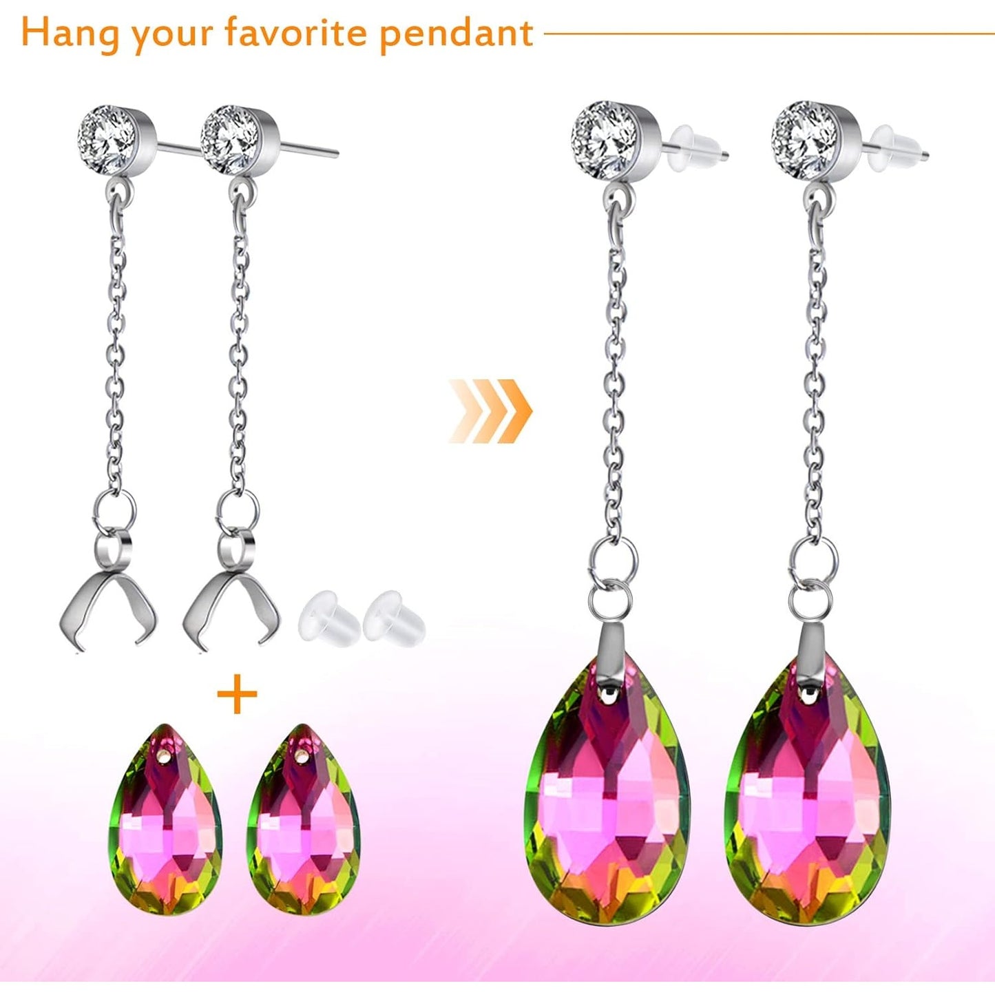 10pcs Hypoallergenic Rhinestone Earring Studs Stainless Steel Earring Posts with Bead Chains and Pinch Clasps, 20pcs Clear Bullet Earring Backs for DIY Jewelry Making Supplies