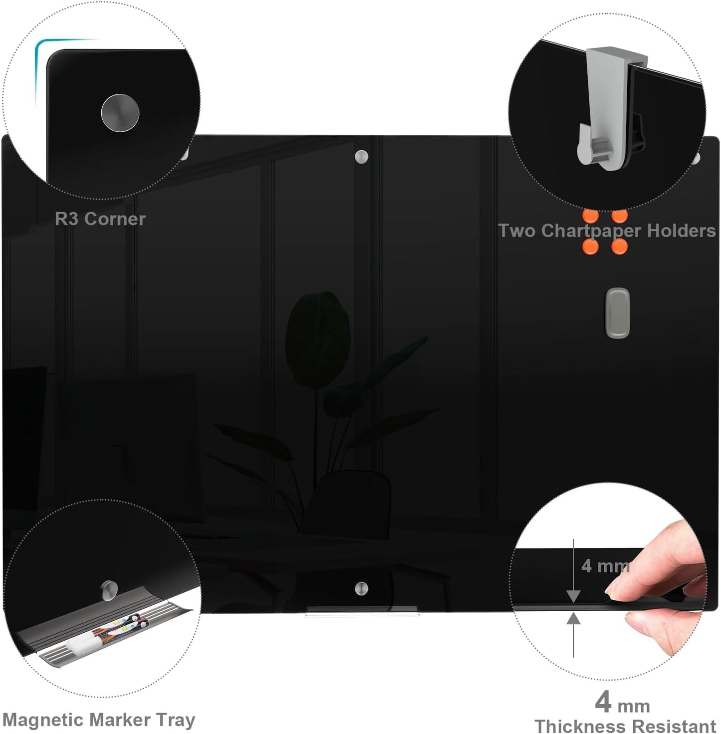 HENDEVL Large Black Glass Dry Erase Board, 72 x 48 Inches Magnetic Glass whiteboard,6' x 4' Frameless Blackboard for Office,Home,School