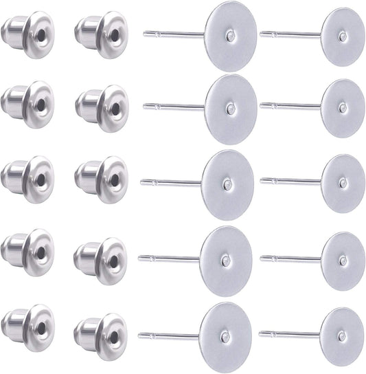 100 Pieces Stainless Steel Earrings Posts Flat Blank Earring Pin Studs (2 Size) with 100 Pieces Bullet Clutch Earring Backs for Earring Making Findings, Total 200 Pieces