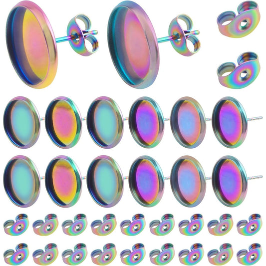 50pcs Stainless Steel Stud Earring Cabochon Settings Flat Round Blank Bezel Earring Post Cup fit for 12 mm Cabochon with 50pcs Butterfly Earring Backs for DIY Jewelry Making, Rainbow Color