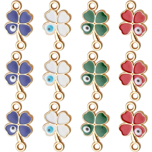 12PCS Four Leaf Clover Charms Alloy Evil Eye Pendant Connectors Findings Patrick's Day Charms for DIY Necklace Bracelet Jewelry Making