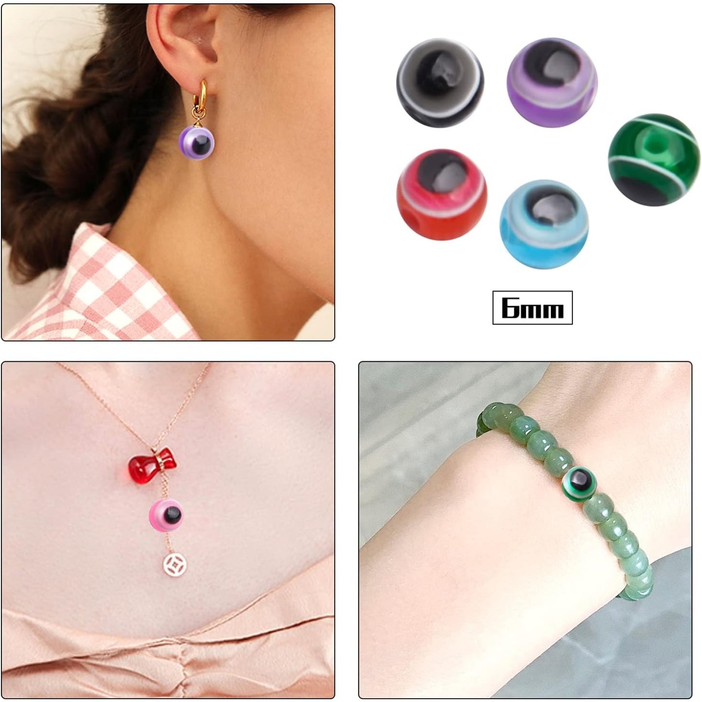 Evil Eye Beads,200pcs Mixed Evil Eye Spacer Beads Round Resin Beads Bulk for Bracelets Necklace Jewelry Making,1.6mm Hole