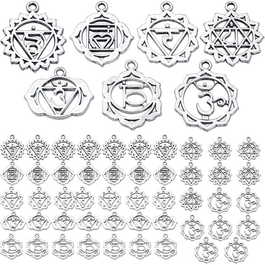 56pcs 7 Styles Chakra Charms Alloy Yoga OM OHM Flower Pendants Charms Jewelry Findings Accessory for DIY Necklace Bracelet Earrings Craft Supplies, Antique Silver