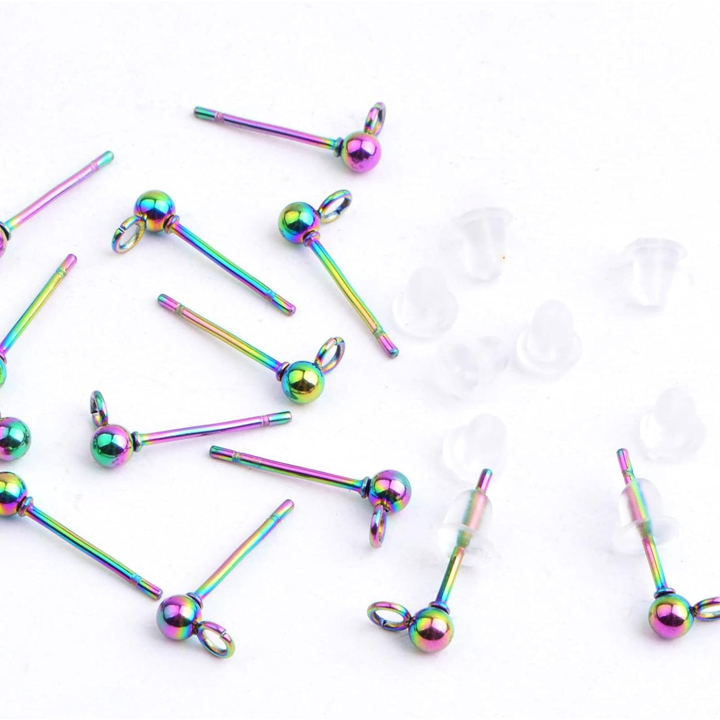 30pcs 3 mm Hypoallergenic Ball Post Earring Studs with Loop Stainless Steel Round Ball Earring Pins and 30pcs Clear Earring Safety Backs for DIY Jewelry Making, Rainbow Color