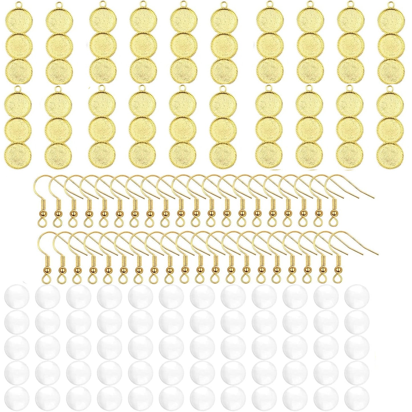 20pcs 2 Colors Blank Round 12 mm Earring Bezel Trays Bases 3-Consecutive Earring Blanks and 60pcs 12 mmGlass Cabochon Dome Tiles with 40pcs Earring Hooks for DIY Jewelry Making