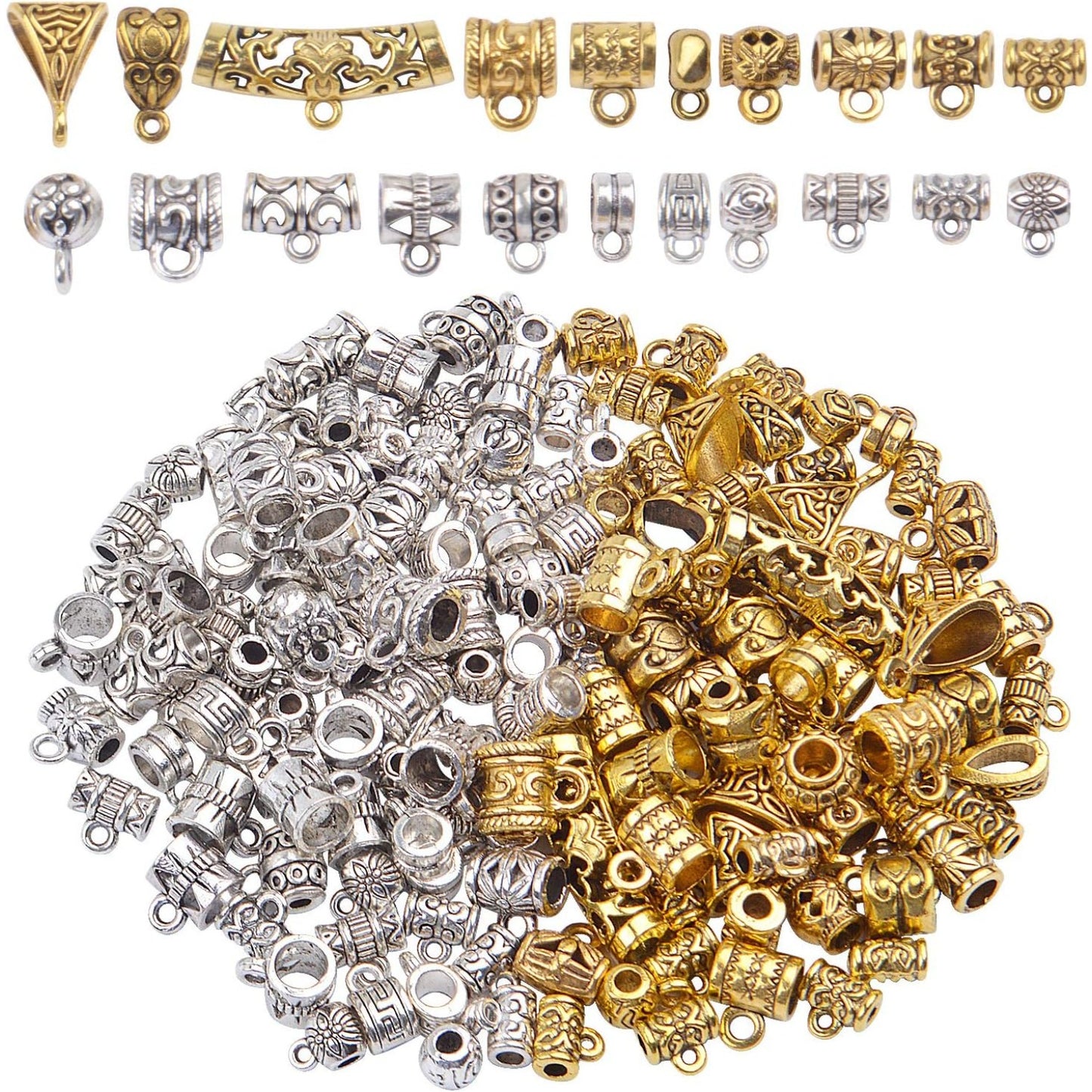 Bail Beads, 100g (About 120-150pcs) Tibetan Bail Tube Beads Spacer Beads Bracelet Charms Bead Hangers fit European Charm Bracelet Jewelry Making