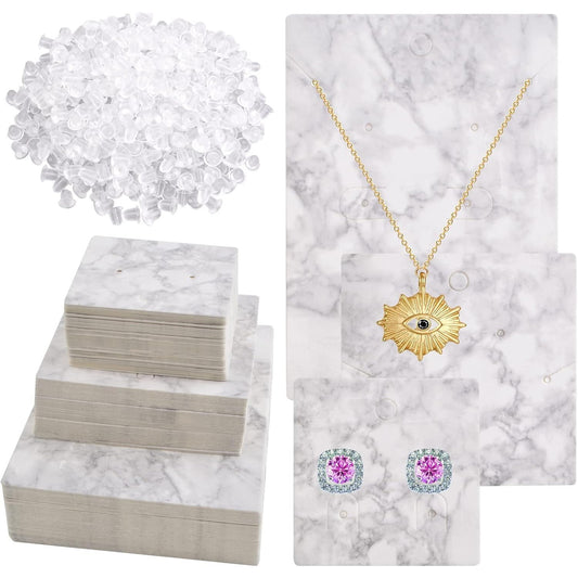 500pcs Marble Design Earring Card Display Holder Set, 120pcs 3 Styles Marble Display Cards and 380pcs Clear Silicone Earring Backs for DIY Jewelry Display Packing Supplies