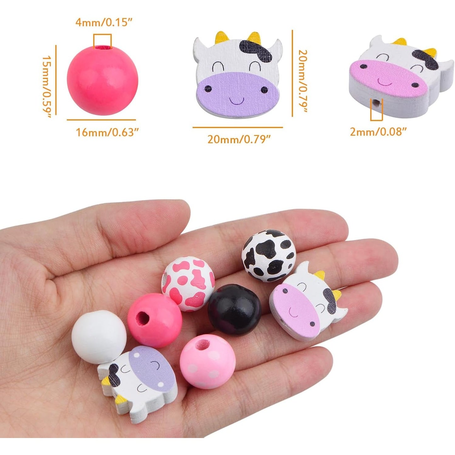 80pcs Mixed Cow Style Print Wood Beads Natural Round Wood Beads Handmade Polished Cow Spacer Beads with a Hemp Rope for DIY Crafts Garland Jewelry Making Party Decoration