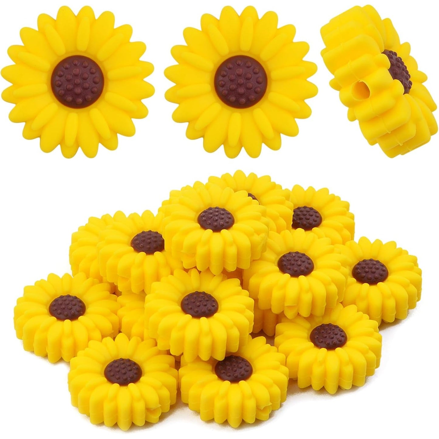 15pcs 20 mm Sunflower Silicone Daisy Flower Focal Flat Flower Shape Spacer Beads for DIY Keychains Lanyards Garlands Crafts Jewelry Making, 3 Colors