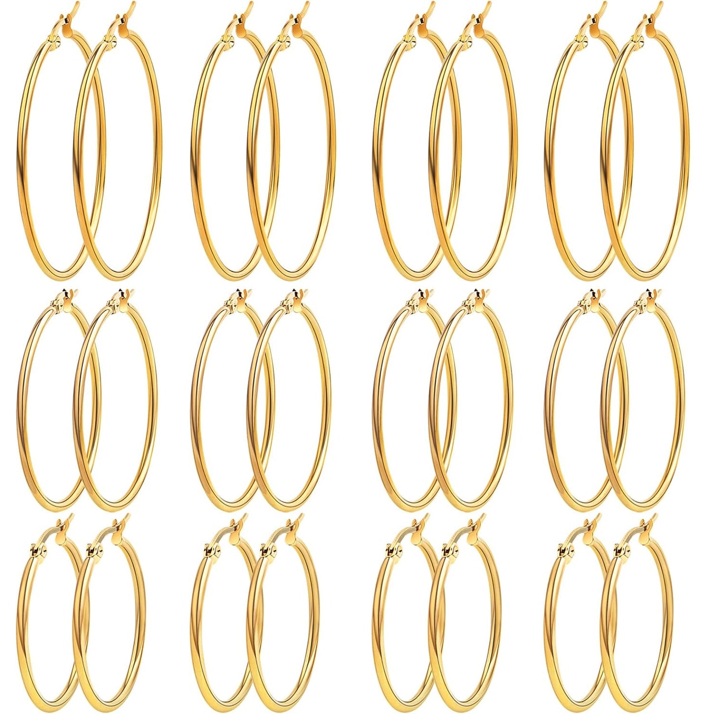 12 Pairs 3 Sizes 4 Colors Hypoallergenic Earring Hoops Findings Stainless Steel Hoops Earrings Set Big Open Beading Hoop Earrings for DIY Art Crafts Jewelry Making