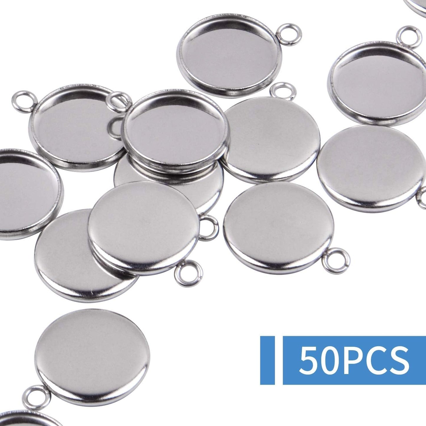 Bezel Pendant Trays, 50 Pieces Stainless Steel 12mm Round Cabochon Settings Trays Pendant Blanks for Jewelry Making DIY Necklace Bracelet Earring