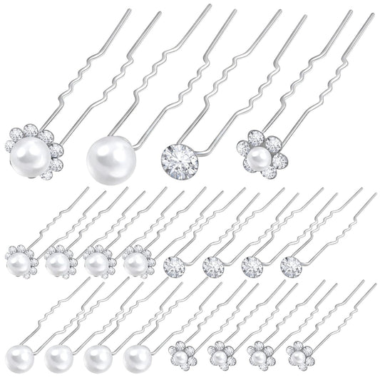 24pcs Silver Pearl Hair Pins Headpiece Metal U-shaped Rhinestone Flower Embellished Bobby Pins Bridal Hair Accessories for Women Girls Bride Bridesmaid Wedding, 4 Styles