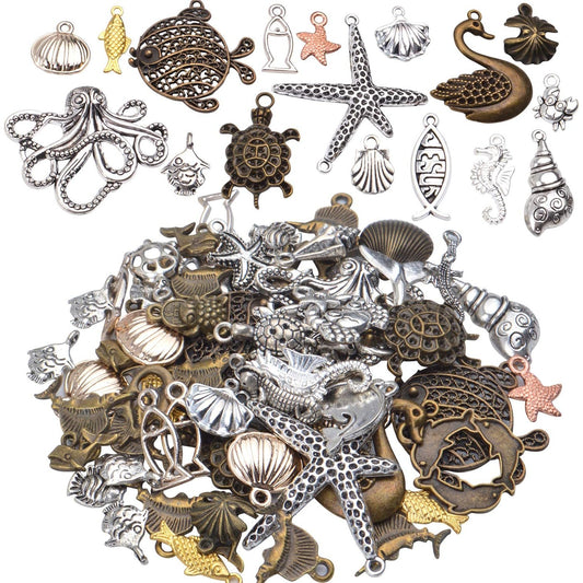 Marine Charm Collection,100g (About 60-70 Pieces) Sea Creatures Pendants Alloy Ocean Life Seashell Sea Stars Fish Jewelry Findings Craft Supplies for DIY Bracelet Necklace