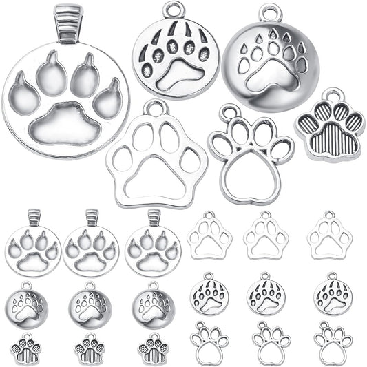60pcs Silver Bear Dog Cat Footprint Charms Tibetan Alloy Animal Paw Prints Pendants Cute Bear Footprint Dangle Charms for DIY Bracelet Earrings Necklace Jewelry Making, 6 Styles