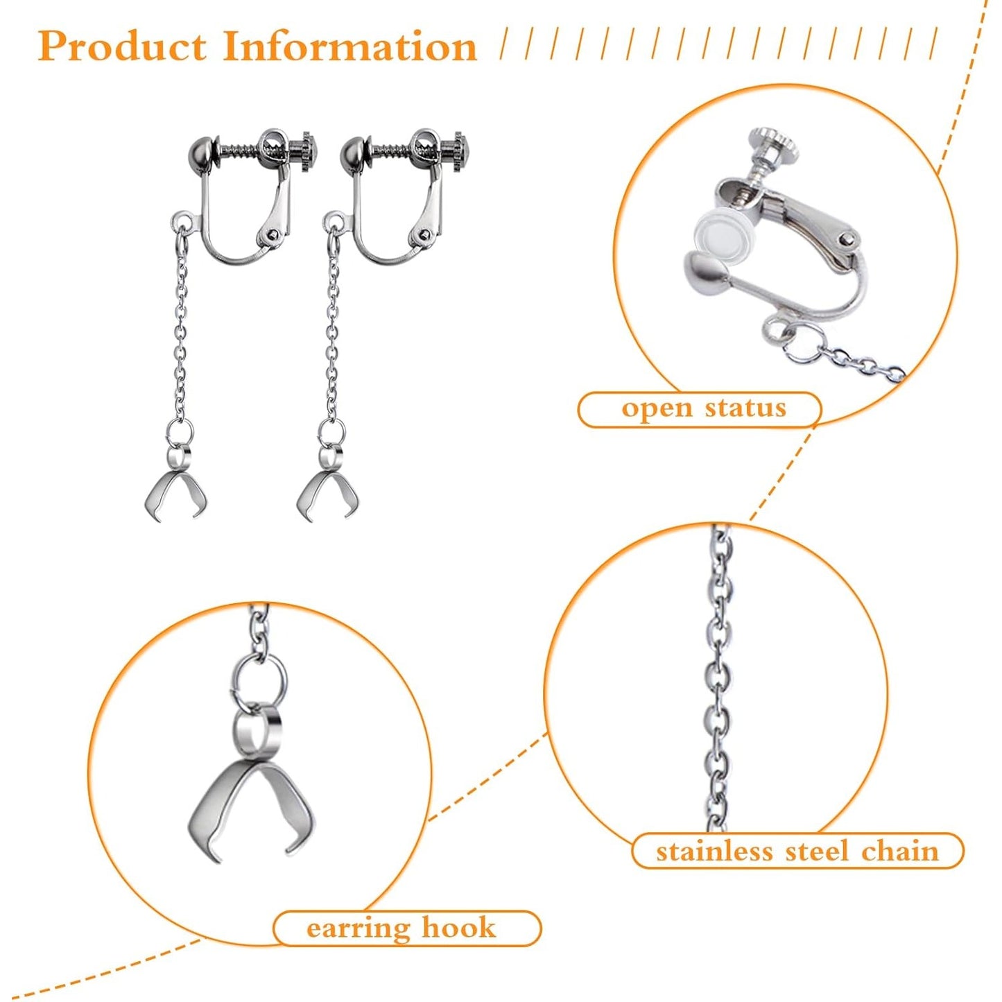 10pcs Hypoallergenic Stainless Steel Earring Hooks Screw Earring Clip Converters with Beaded Chains Pinch Clasps and 20pcs Clear Earring Backs for DIY Jewelry Making Findings