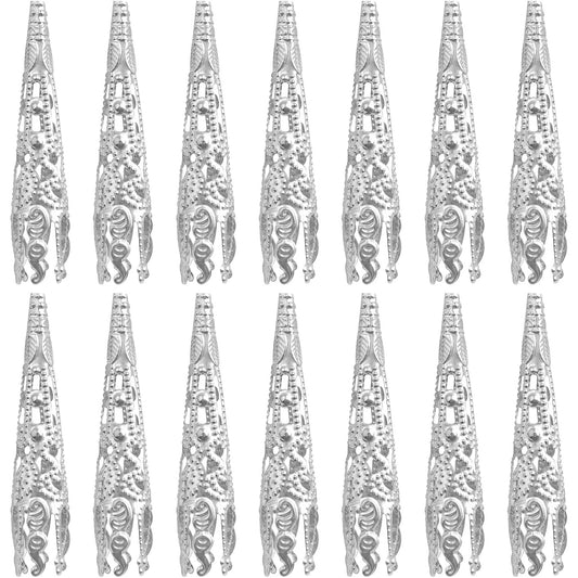 100pcs Silver Long Flower Bead Caps Hollow Cone Bead End Caps Filigree Flower Spacers Hair Braid Beads Accessories for DIY Neckalce Earrings Hairpins Craft Projects