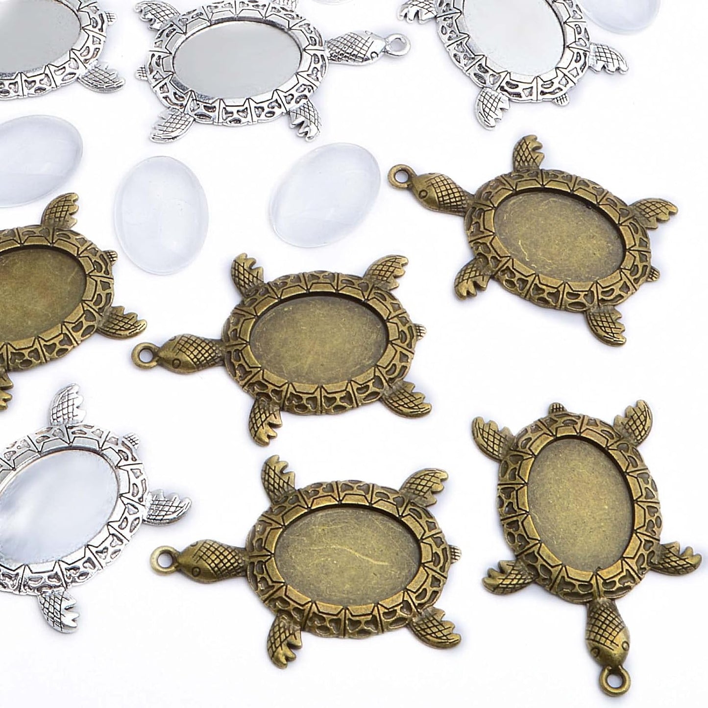 10pcs 2 Colors Antique Turtle Bezel Pendant Settings Blank Turtle Pendant Trays with 10pcs Clear Oval Glass Cabochons Bases for DIY Art Crafts Photo Cameo Resin Jewelry Making