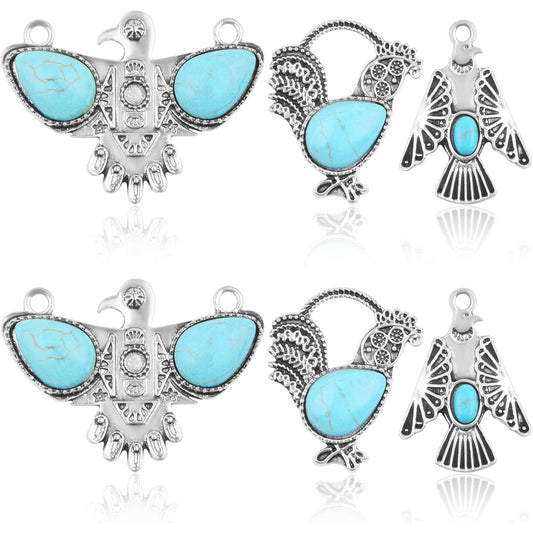 6pcs Tibetan Animal Eagle Chicken Synthetic Turquoise Charms Vintage Alloy Rooster Chicken Dangle Pendants for DIY Necklace Bracelet Earrings Jewelry Making, 3 Styles
