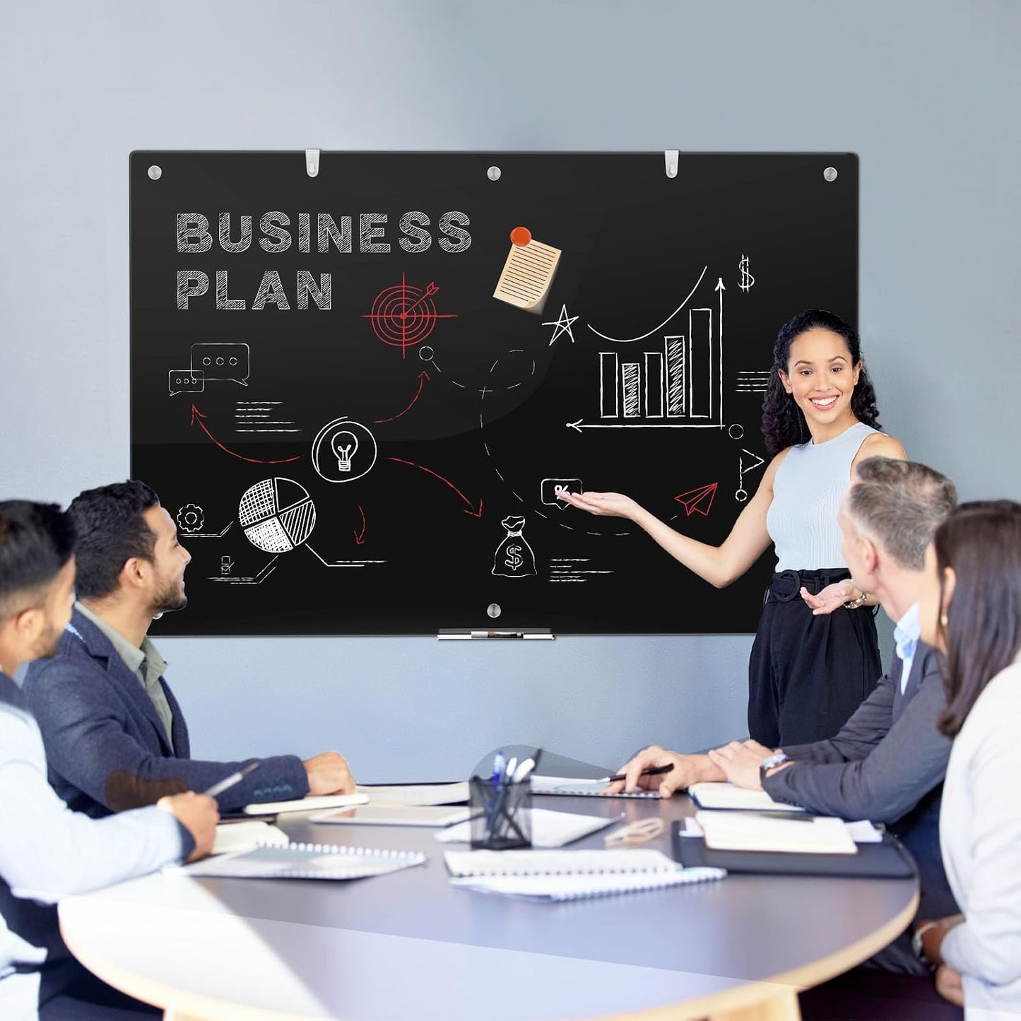 HENDEVL Large Black Glass Dry Erase Board, 72 x 48 Inches Magnetic Glass whiteboard,6' x 4' Frameless Blackboard for Office,Home,School