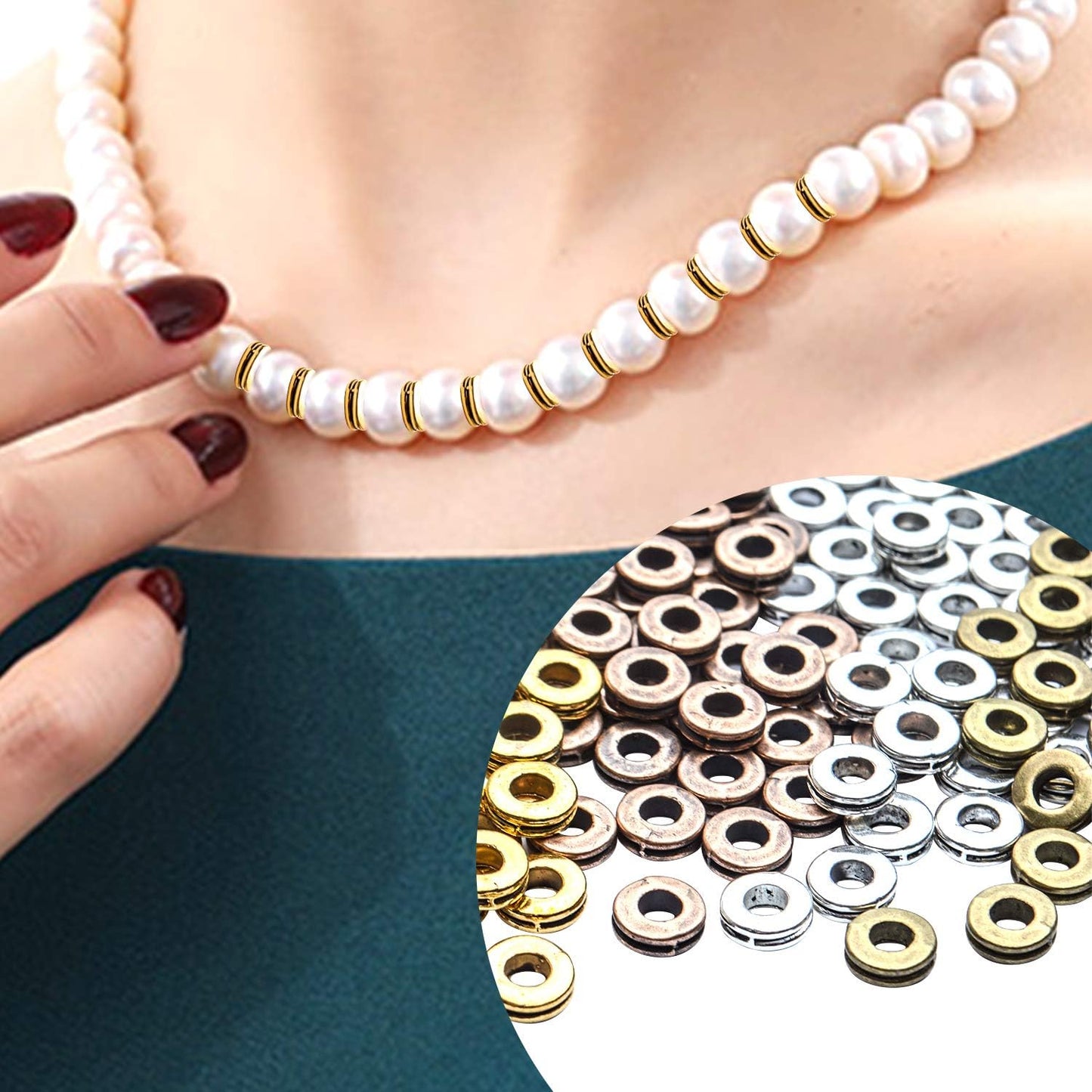 Rondelle Spacer Beads, 200pcs 6mm Flat Round Spacer Beads - Metal Craft Supplies for DIY Jewelry Making - Antique Golden, Silver, Bronze, Copper
