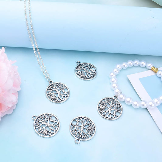 30pcs Antique Silver Tree of Life Charms Pendants with Sun Moon Tibetan Alloy Hollow Round Tree Vintage Charms Jewelry Making Accessory for DIY Necklaces Bracelets
