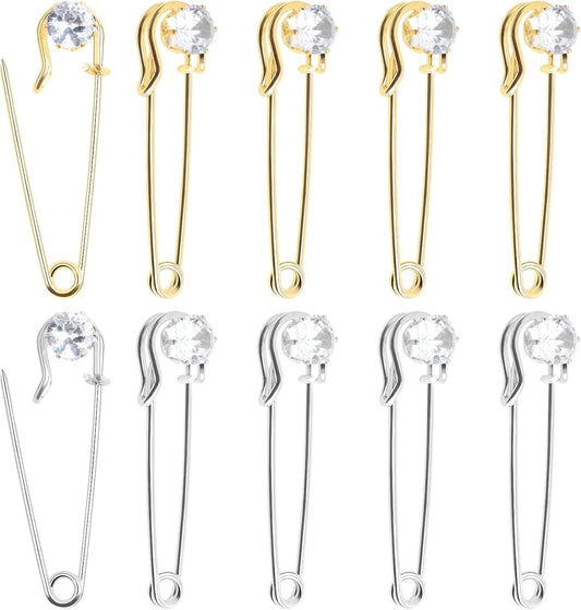 Aylifu 10pcs 5 cm / 2 Inch Rhinestone Safety Pins Metal Heavy Duty Crystal Blanket Pins Large Safety Pins for Clothes Blankets Skirts Sweater Scarf Crafts Kilts, 2 Colors