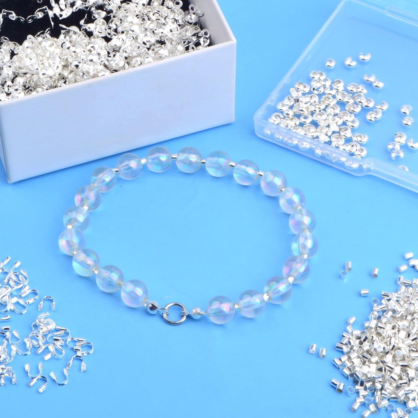900pcs Silver Metal Tube Crimp Beads Half Round Open Crimp Beads Knot Covers Wire Guardians Bead End Tips with a Box for DIY Bracelet Necklace Jewelry Making Supplies, 4 Styles