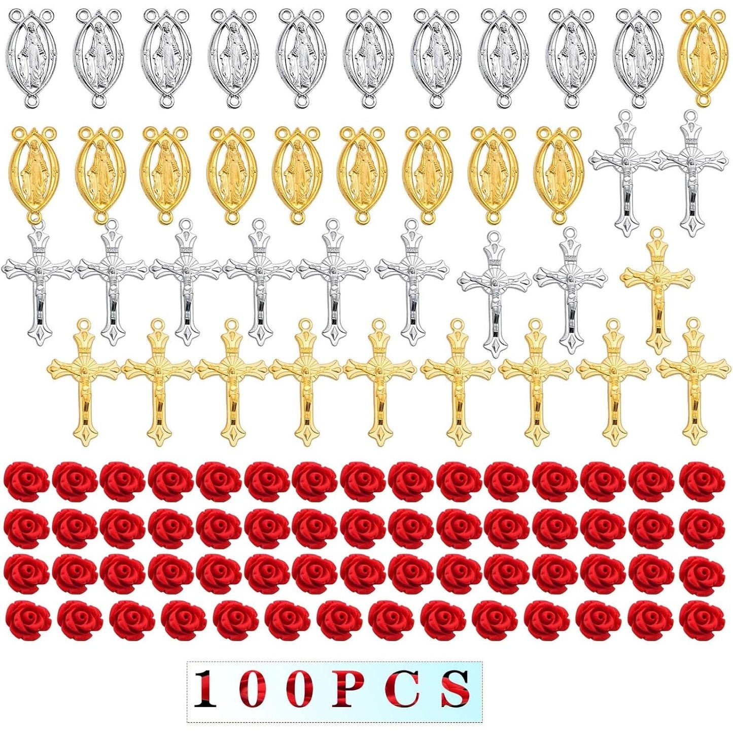 100pcs Rosary Cross and Center Charms 8mm Cinnabar Carved Red Rose Flower Beads Crucifix Cross Centerpiece Jesus Maria Medal Pendant Kit for Rosary Bracelet Necklace Jewelry Making