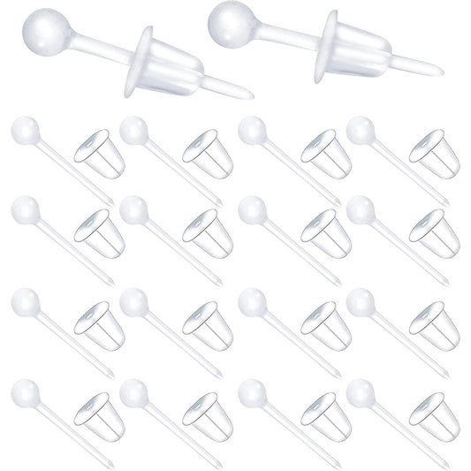 100pcs Clear Earring Posts Studs Plastic Earring Pin Studs Ball Stud Earrings and 100pcs Silicone Bullet Earring Backs for Men Women